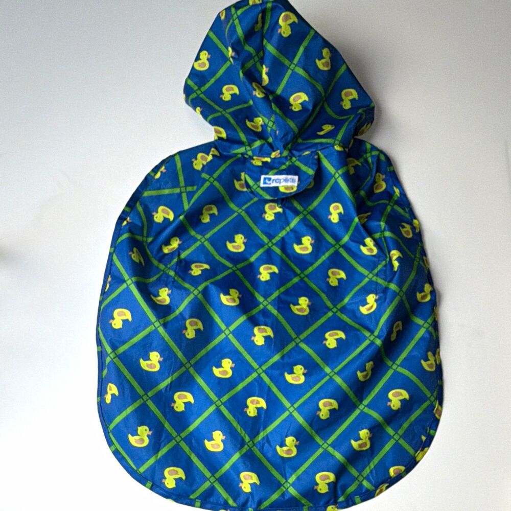 RC Pets Hooded Dog Rain Coat Duck Print Polyester Blue Green Yellow Size M